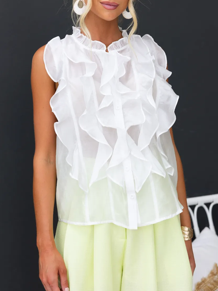 

Shirt Collar Sleeveless Plain Regular Loose Shirt For Women, White, Blouses