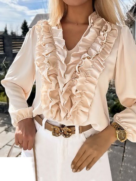 

V Neck Long Sleeve Plain Regular Loose Shirt For Women, Apricot, Blouses