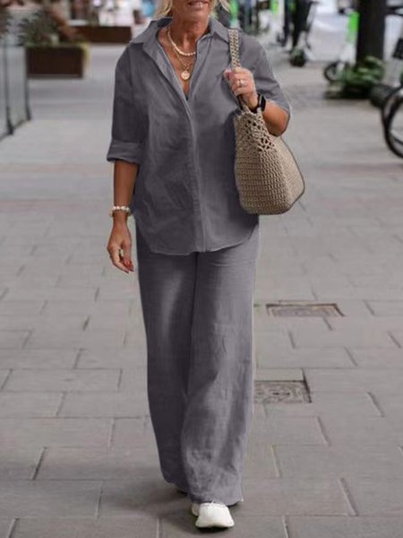 

Women Plain Shirt Collar Short Sleeve Comfy Casual Top With Pants Two-Piece Set, Gray, Sets