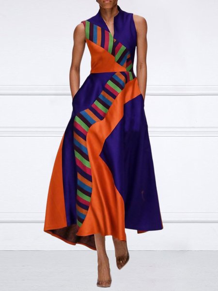 

Regular Fit V Neck Urban Geometric Dress, As picture, Maxi Dresses