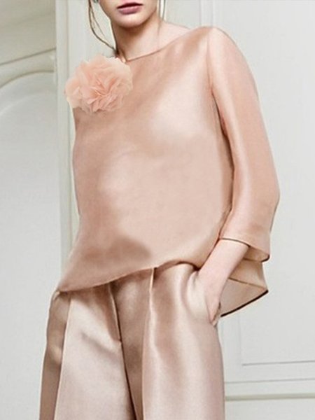 

Plain Loose Daily Crew Neck Shirt With Brooch, As picture, Blouses and Shirts