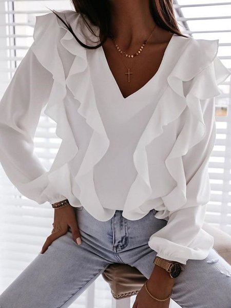 

V Neck Long Sleeve Plain Regular Loose Shirt For Women, White, Blouses