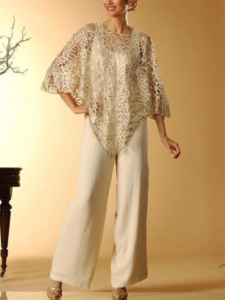 

Lace Asymistic Hem 3 PCS Tops with Pantsuits Mother of the Bride, Champagne, Suit Set