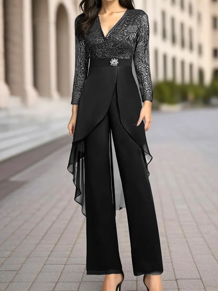 

Loose Elegant Crew Neck Plain Two-Piece Set, Black, Suit Set