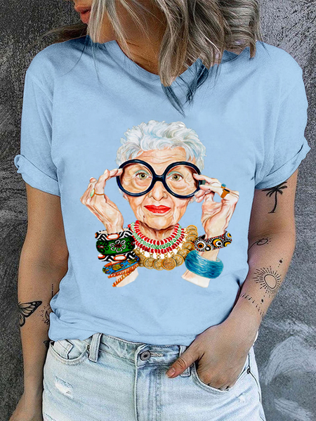 

Iris Apfel Casual Cotton Crew Neck T-Shirt, Light blue, T-shirts