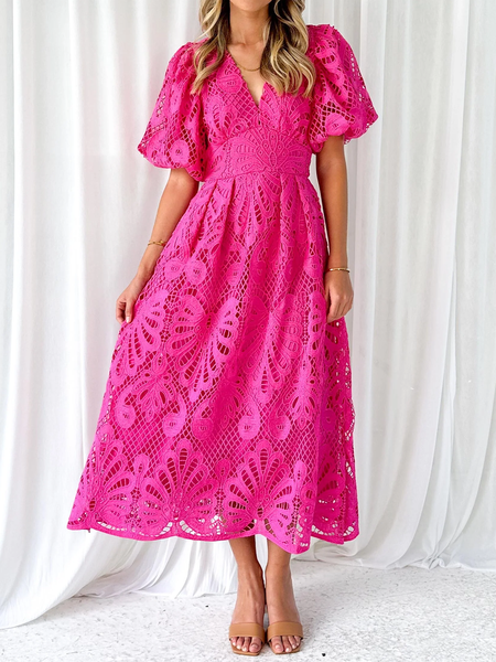 

Women Plain V Neck Short Sleeve Comfy Vacation Maxi Dress, Rose red, Midi