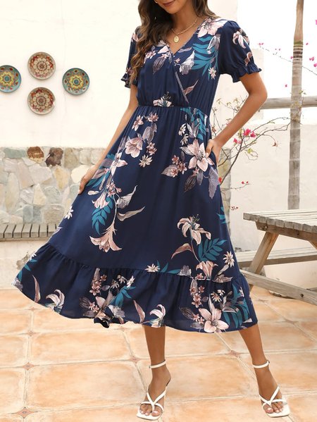 

Loose Floral V Neck Casual Dress With No, Dark blue, Dresses