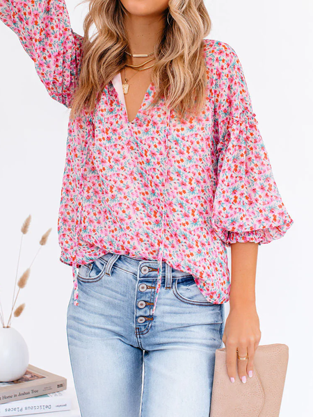 

V Neck Long Sleeve Floral Regular Loose Shirt For Women, Pink, Blouses