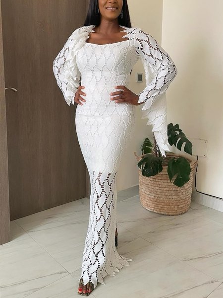 

Tight Elegant Plain Long Sleeve Maxi Dress, White, Maxi Dresses