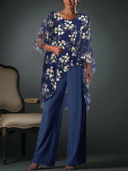 

Floral Chiffon Loose Elegant Two-Piece Set, Blue, Suit Set