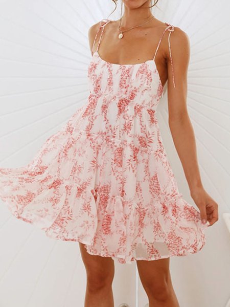 Women Floral Spaghetti Sleeveless Comfy Casual Short Dress, Pink-white, Short