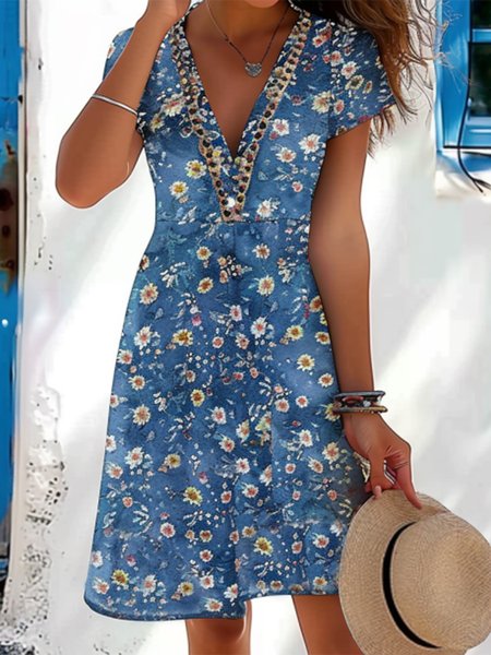 

Floral Elegant V Neck Lace Dress, Blue, Dresses
