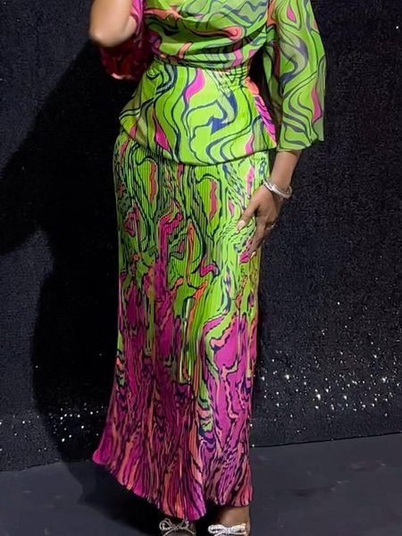 Regular Fit Elegant Random Print Maxi Skirt, Green, Skirts