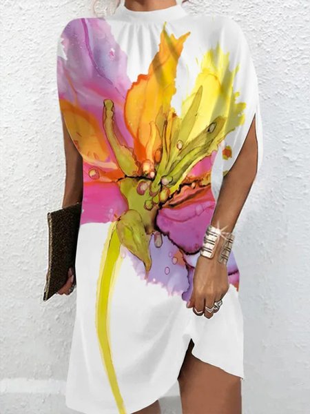 

Loose Stand Collar Floral Vacation Dress, White, Mini Dresses