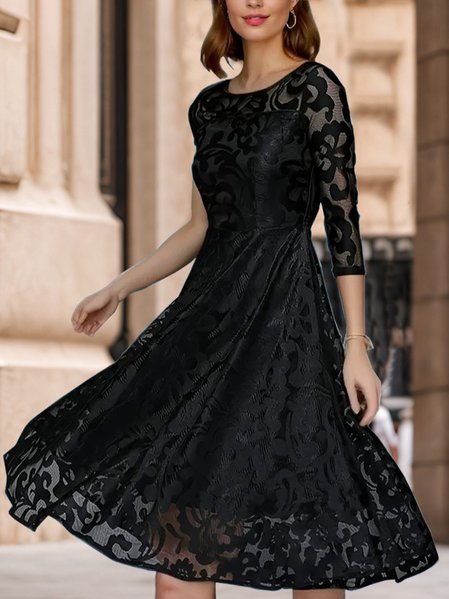 

Regular Fit Elegant Crew Neck Lace Dress, Black, Dresses