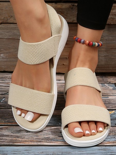 

Casual Plain Slip On Low Heel Slide Sandals, Beige, Women shoes