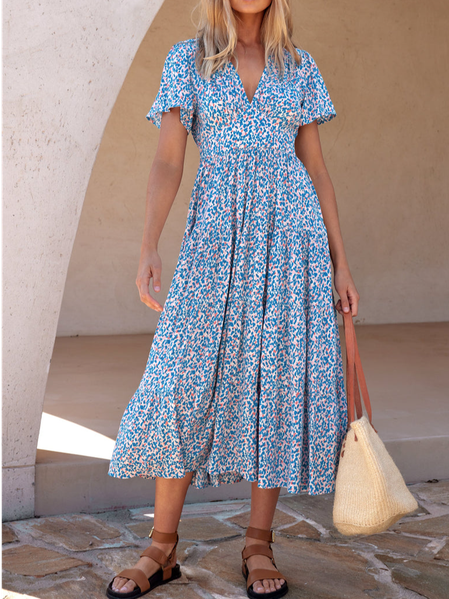 

Floral Vacation V Neck Loose Dress With No, Blue, Dresses