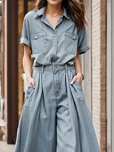 

Loose Shirt Collar Short Sleeve Urban Denim Blouse, Denim blue, Blouses and Shirts