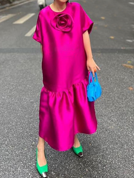 

Plain Crew Neck Short Sleeve Elegant Loose Maxi Dress Brooch not included, Rose red, Maxi Dresses