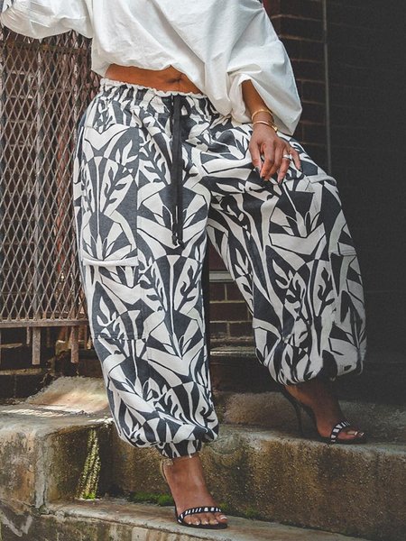 

Random Print Casual Loose Fashion Pants, Black-white, Pants