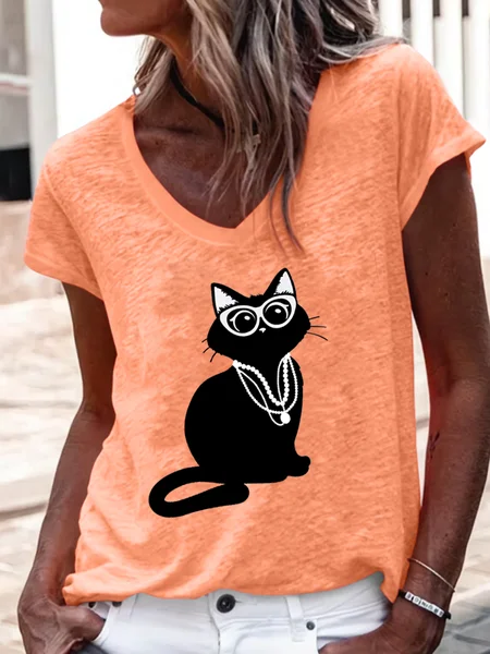 

Iris Apfel Fancy Cat V Neck Casual Cotton-Blend T-Shirt, Orange, T-shirts