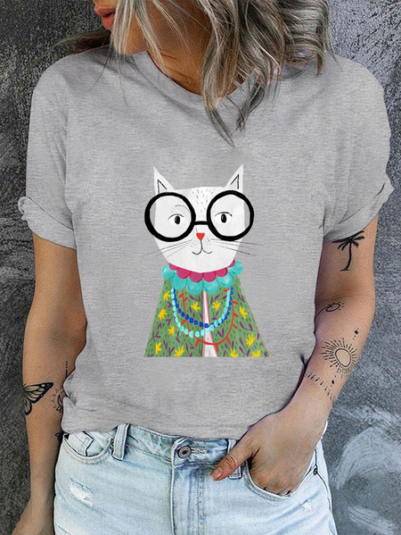 

Iris Catfel Cat Art Print Cotton Casual Crew Neck T-Shirt, Gray, T-shirts