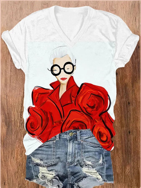 

Women's Iris Apfel Print Crew Neck Casual Loose T-Shirt, White, T-shirts