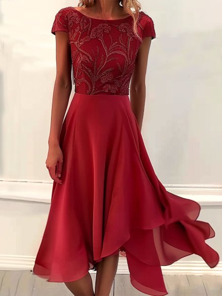 

Regular Fit Lace Elegant Crew Neck Dress, Red, Dresses