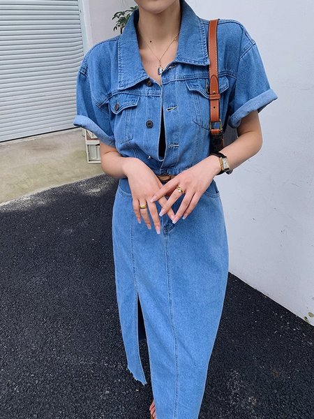 

Casual Pocket Stitching Denim Shirt Collar Dress, Blue, Midi Dresses