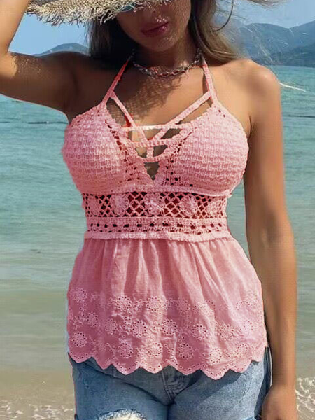 

Casual Crew Neck Plain Tank Top, Pink, Tanks & Camis