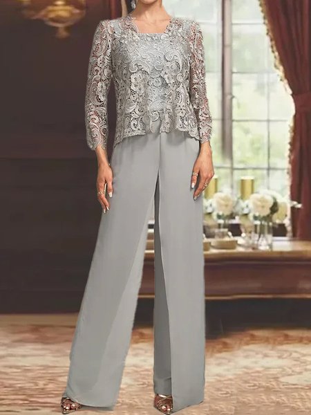 

Loose Lace Plain Elegant Matching Outfit, Gray, Suit Set