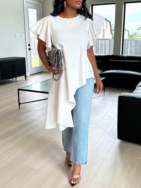 

Urban Crew Neck Irregular Plain Short Sleeve Shirt, White, Blouses and Shirts