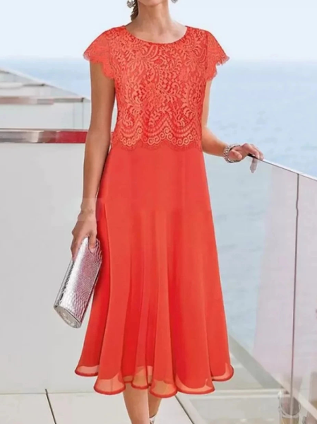 

Crew Neck Elegant Regular Fit Lace Dress, Orange, Dresses
