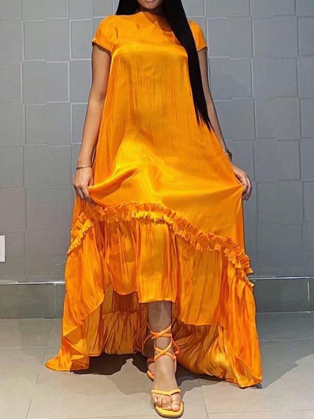 

Loose Boat Neck Short Sleeve Urban Maxi Dress, Orange, Maxi Dresses