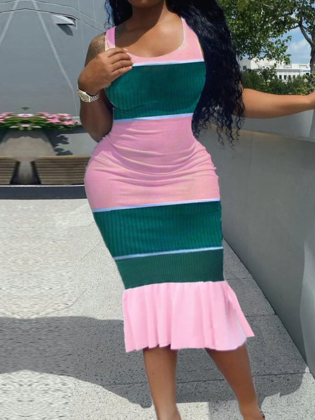 

High Elasticity Crew Neck Sleeveless Striped Elegant Sweater Midi Dress, As picture, Midi Dresses