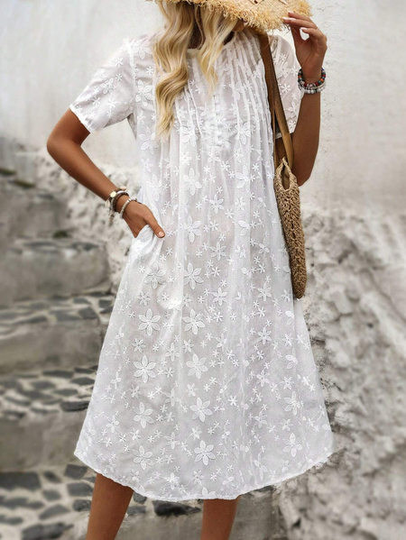 

Cotton-Blend Casual Ruched Loose Dress, White, Dresses