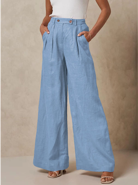 

Plain Cotton-Blend Casual Loose Pants, Blue, Pants