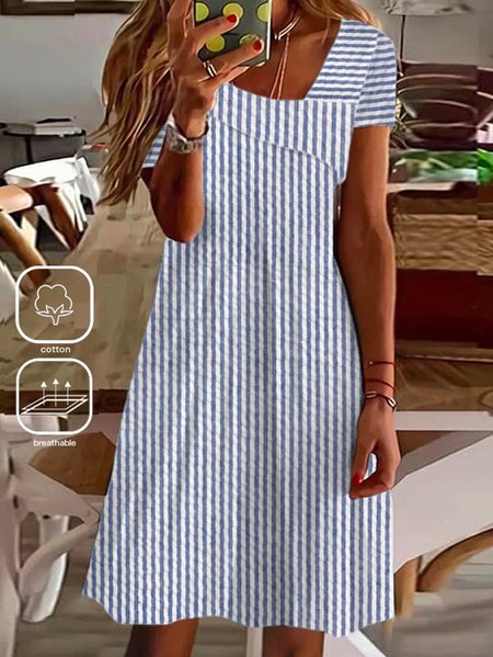 Plus Size Striped Casual Shawl Collar Dress, Blue, Dresses