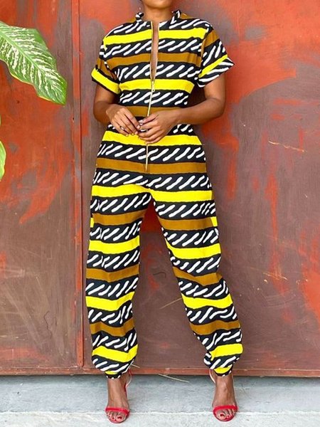 

Striped Stand Collar Urban Regular Fit Jumpsuit, Yellow, Jumpsuits