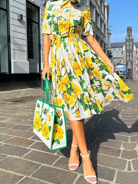 

Regular Fit Elegant Short Sleeve Shirt Dress With Belt, Yellow, Midi Dresses