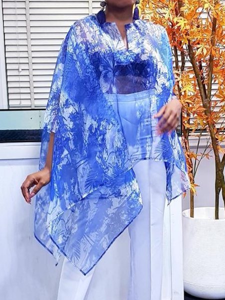 

Loose V Neck Urban Floral Print Shirt, Blue, Blouses and Shirts