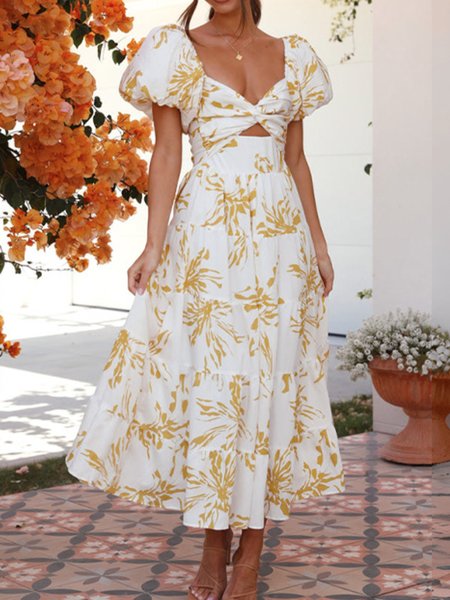 

Women Floral V Neck Short Sleeve Comfy Casual Maxi Dress, Yellow, Dresses