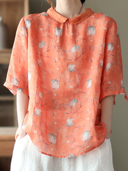 

Shawl Collar Half Sleeve Floral Regular Loose Shirt For Women, Orange, Blouses