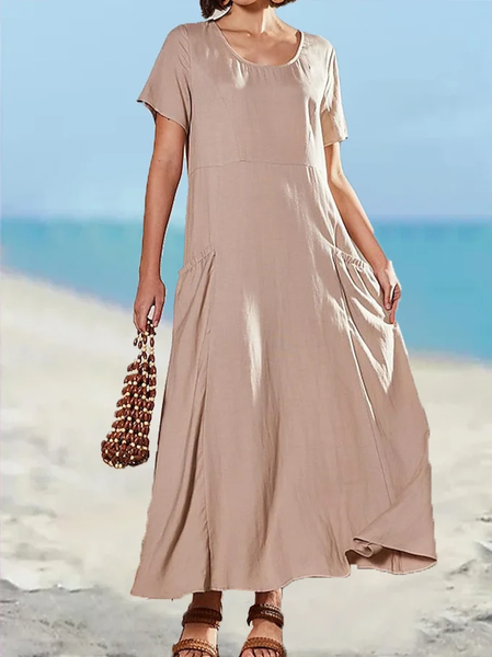 

Loose Cotton Simple Crew Neck Linen Style Dress, Light khaki, Maxi Dresses