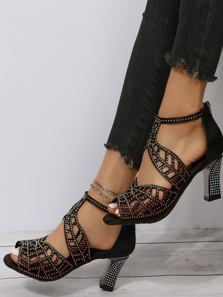 Casual Plain Zipper High Heel Chunky Heel Sandals, Black, Shoes