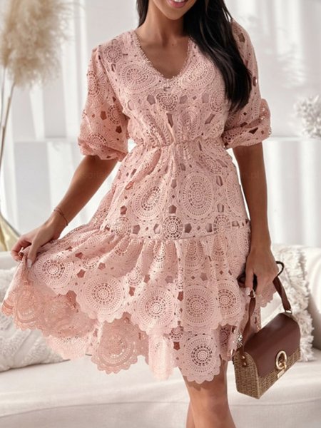 

Women Plain V Neck Short Sleeve Comfy Vacation Short Dress, Pink, Short