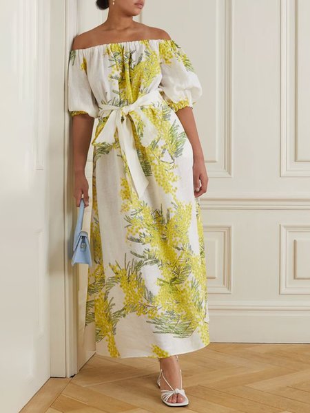 

Loose Vacation Cold Shoulder Dress With Belt, Light yellow, Maxi Dresses