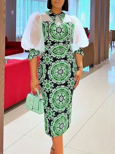 Regular Fit Random Print Elegant Midi Dress, Green, Midi Dresses