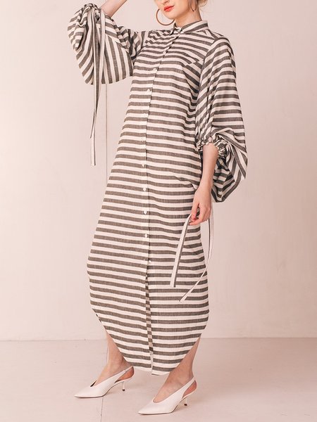 

Loose Shirt Collar Urban Long Dress, As picture, Maxi Dresses