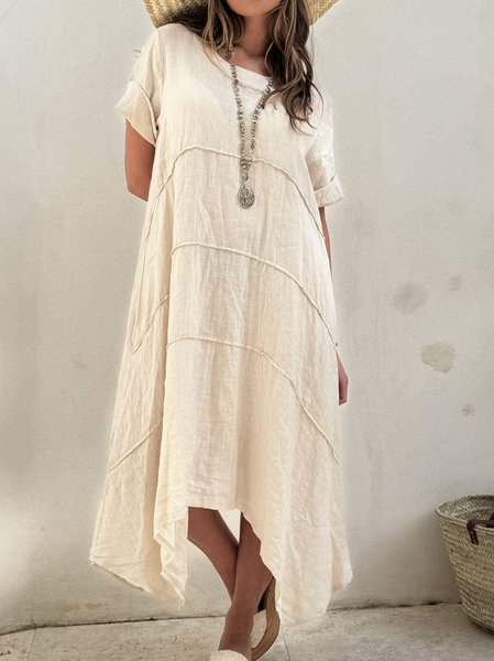 

Casual Loose Cotton And Linen Crew Neck Dress, Off white, Dresses